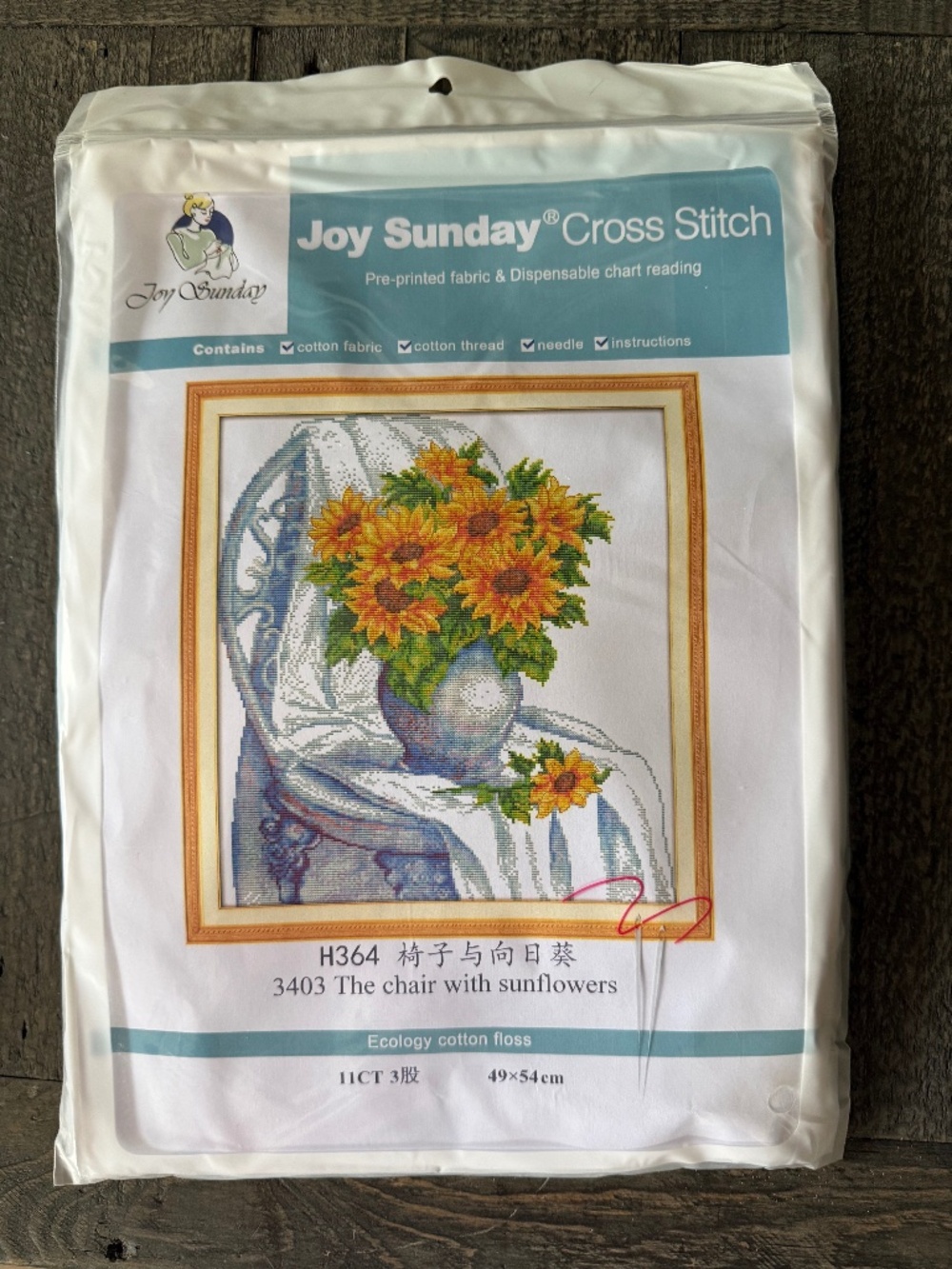 Chair w/ Sunflowers Pre-Printed Joy Sunday Cross Stitch Kit 11ct Aida - NEW